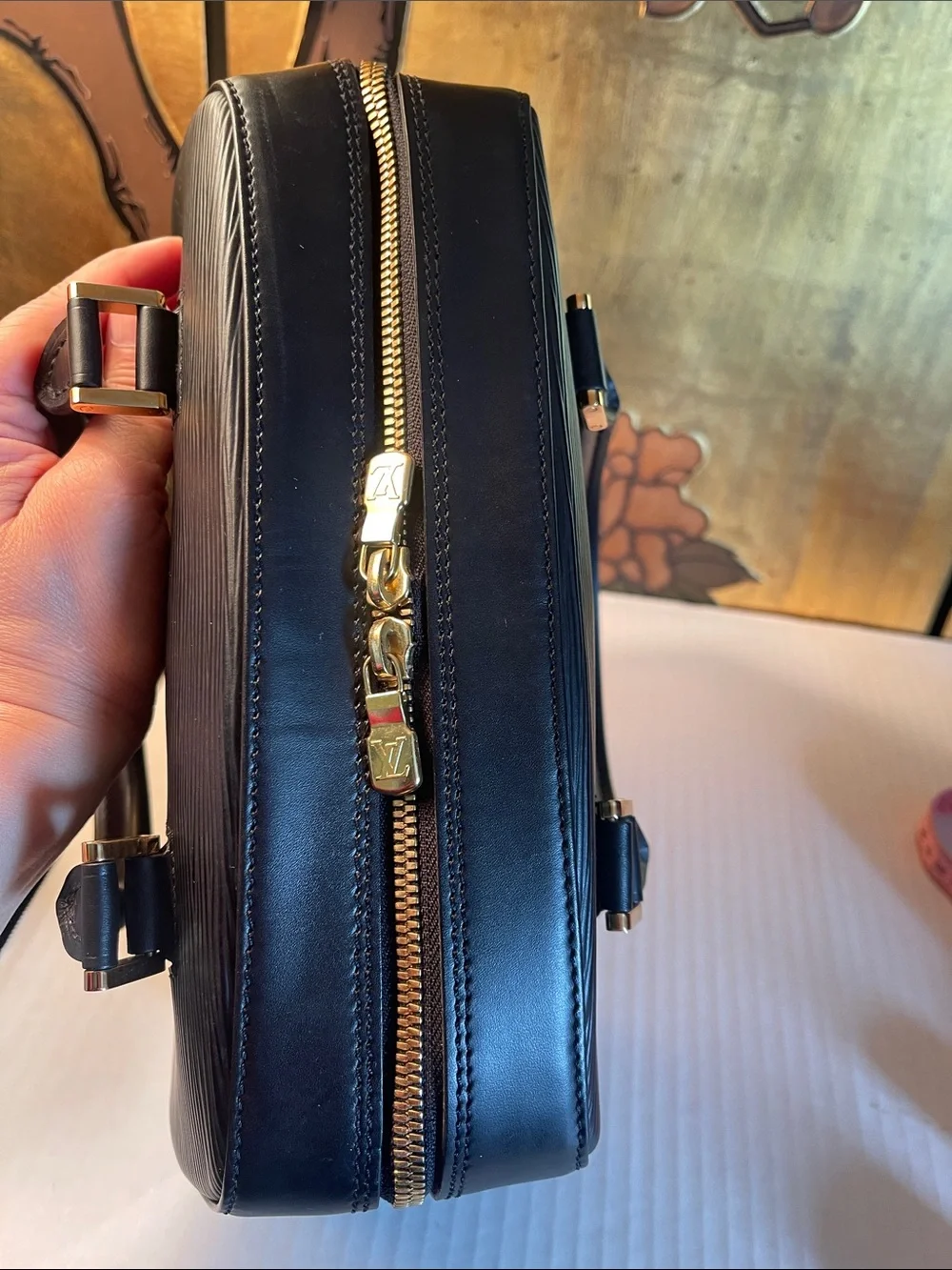 Louis Vuitton Black Epi Leather Satchel with Gold Hardware